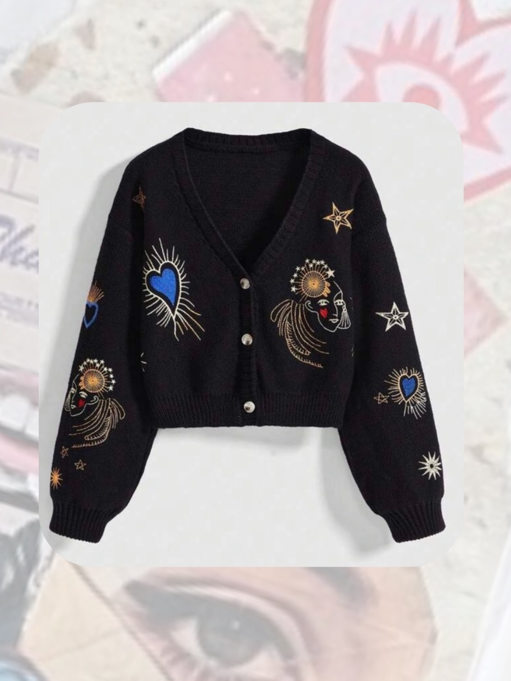 🎉🎉ROMWE Y2K grunge loose knit cardigan with embroidered hearts, stars, moons